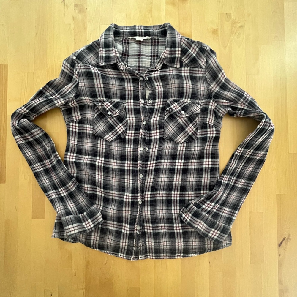 Love Stitch Plaid Button-Up Shirt in Black, White & Maroon 100% cotton